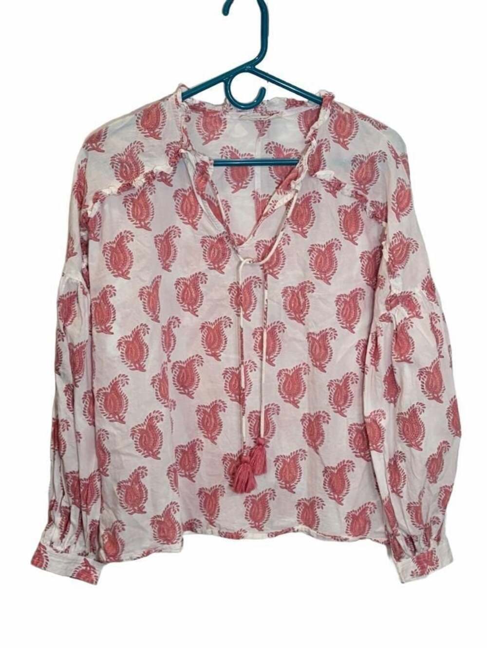 Ophelia & Indigo Women’s Pink Paisley BOHO Block Print Cotton Tassel Blouse